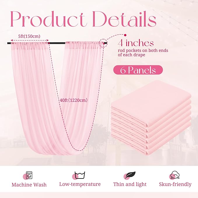 6 Panels Pink Ceiling Drapes for Wedding, 5ftx40ft Ceiling Drapes Cheesecloth - Image 2