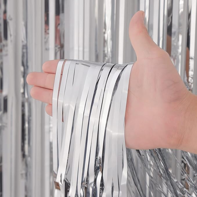 2 Pack Silver Foil Fringe Backdrop Curtains, Tinsel Streamers Birthday Party - Image 2