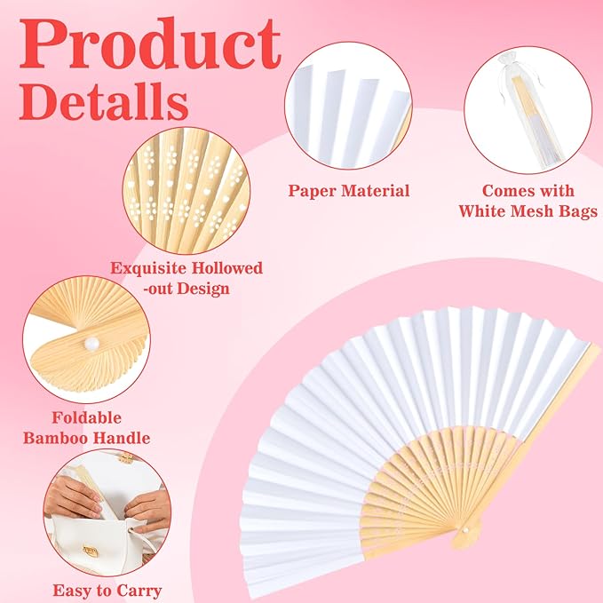 NEBURORA 12Pcs White Handheld Paper Fans 8.3 Inch Hand Held Bamboo Fans Foldable - Image 3