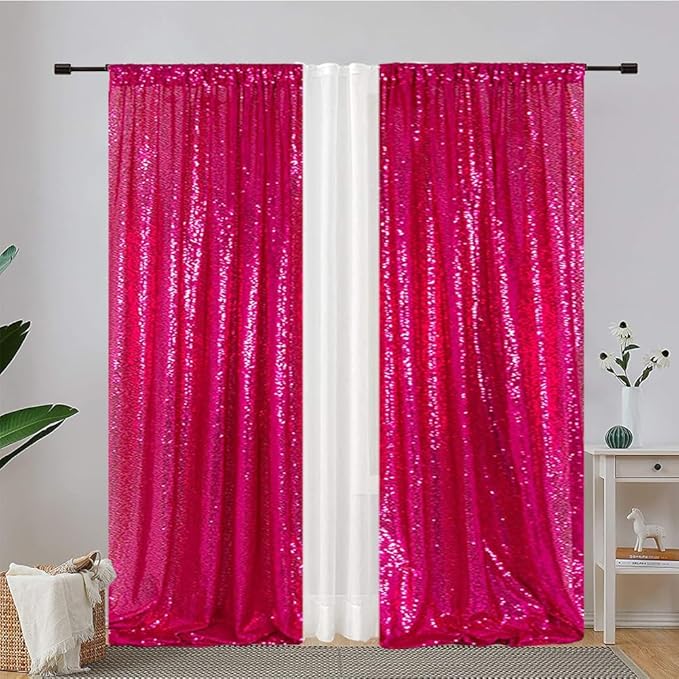 Eternal Beauty Hot Pink Sequin Backdrop Curtains, Valentine's Day Shimmer Back - Image 2