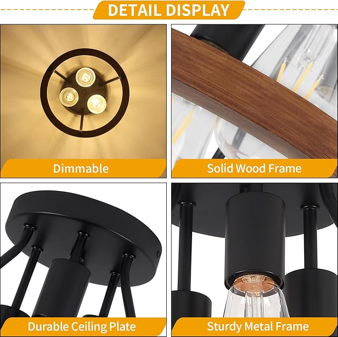 Modern Farmhouse Wood Semi Flush Mount Ceiling Light, Hallway Entryway Light - Image 3