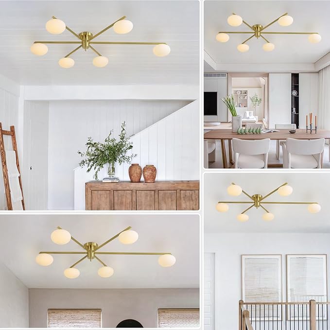 6-Lights Gold Sputnik Chandelier Modern Ceiling Light Fixtures Retro Glass - Image 6