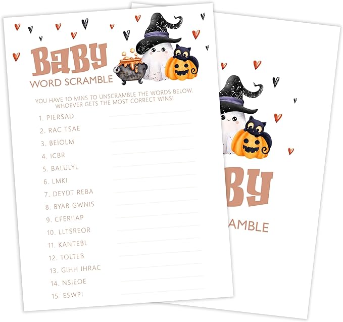 Baby Shower Games, Halloween Baby Word Scramble, 25 Double-Sided Game Cards + 1 by Beshoul