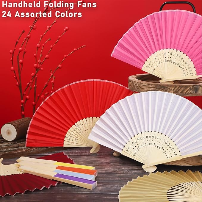 URATOT 24 Pieces Folding Fans Silk Bamboo Folding Fans Handheld Fans - Image 3