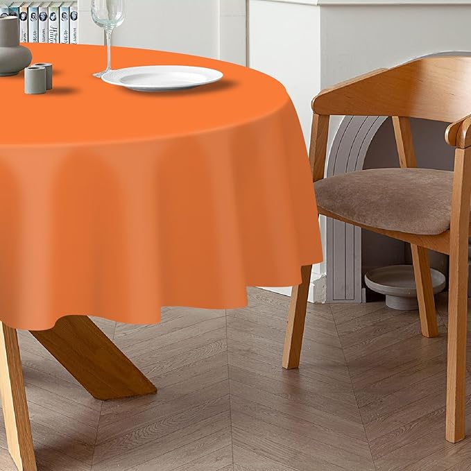 QIKSION Orange Round Tablecloth 2 Pack, 84 Inch Plastic Table Cover Disposable - Image 3