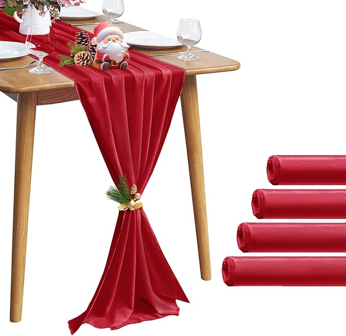 5 Pack 10Ft Red Chiffon Table Runner Sheer 29x120 Inch by Pufogu