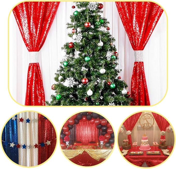 SquarePie Sequin Curtain Backdrop 2FT x 8FT Red 2pcs Background - Image 5