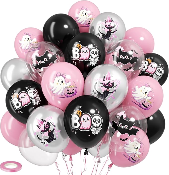 Halloween Party Balloons Decorations, 12 Inch Pink and Black Balloons Set Pink by FunHot