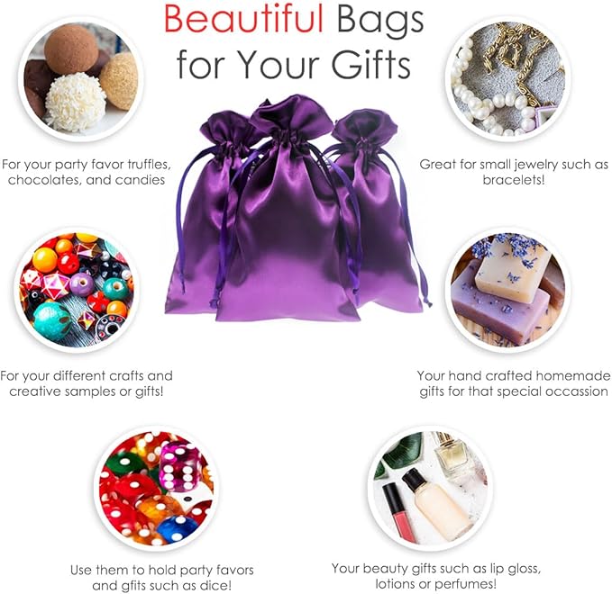 5" x 8" Purple Satin Gift Bags, Jewelry Bags, Wedding Favor Silky Drawstring - Image 2