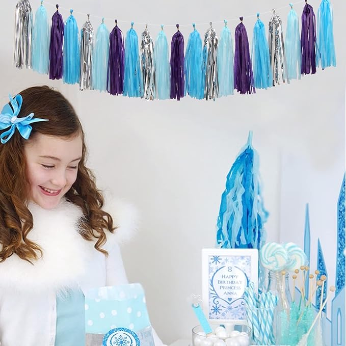 Purple-Blue Silver Frozen Party-Decorations Tassel-Garland -20pcs Winter Girl - Image 4