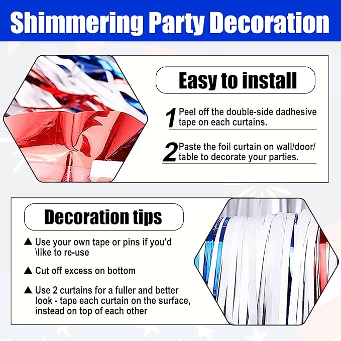 6 Pack White Blue Red Foil Fringe Curtain Backdrop, 3.28Ft x 8.2Ft Metallic - Image 3