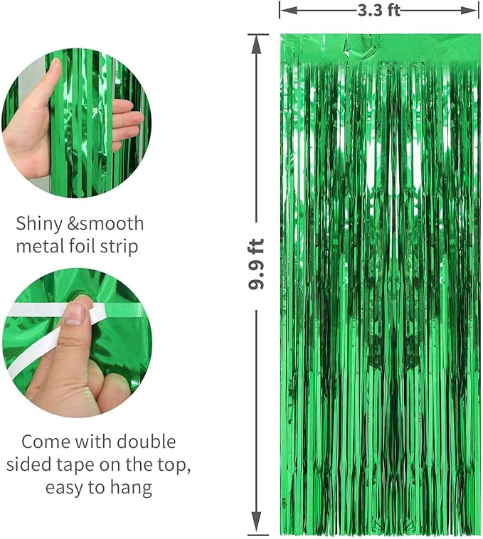 Crosize 2 Pack 3.3 x 9.9 ft Green Foil Fringe Backdrop Curtain, Streamer - Image 2