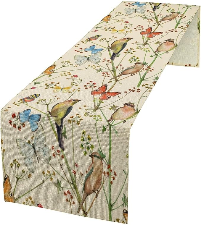 Brown Bird Floral Table Runner Spring Flower Kitchen Table Decoration Suitable by ICMOLYYENLO