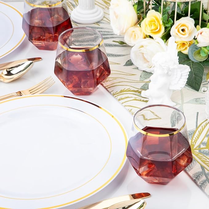 LUODA Gold Diamond Shaped Plastic Stemless Wine Glasses Set of 24, Disposable - Image 7
