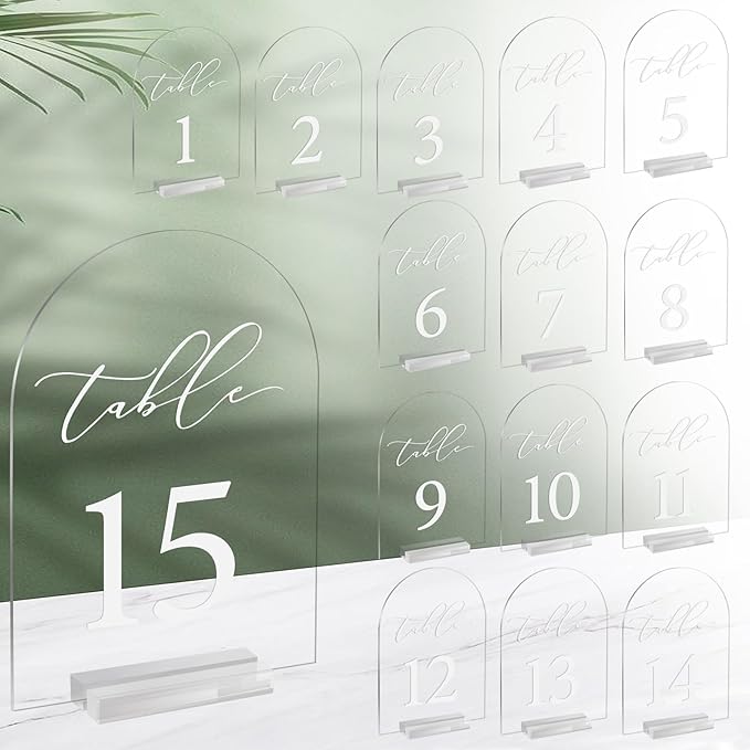 Arch Table Number 1-15 Clear Acrylic Tabletop Signs 5x7 Inch by SOVQUEST
