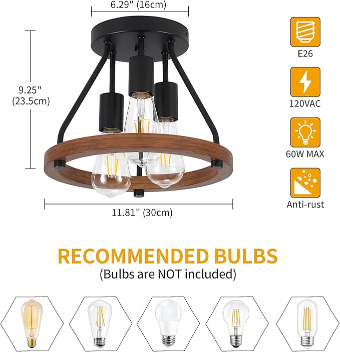 Modern Farmhouse Wood Semi Flush Mount Ceiling Light, Hallway Entryway Light - Image 5