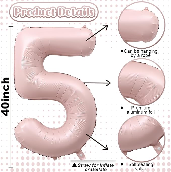 Light Pink Number Balloon 5, 40 Inch Large Self Inflating 5 Foil Number - Image 2
