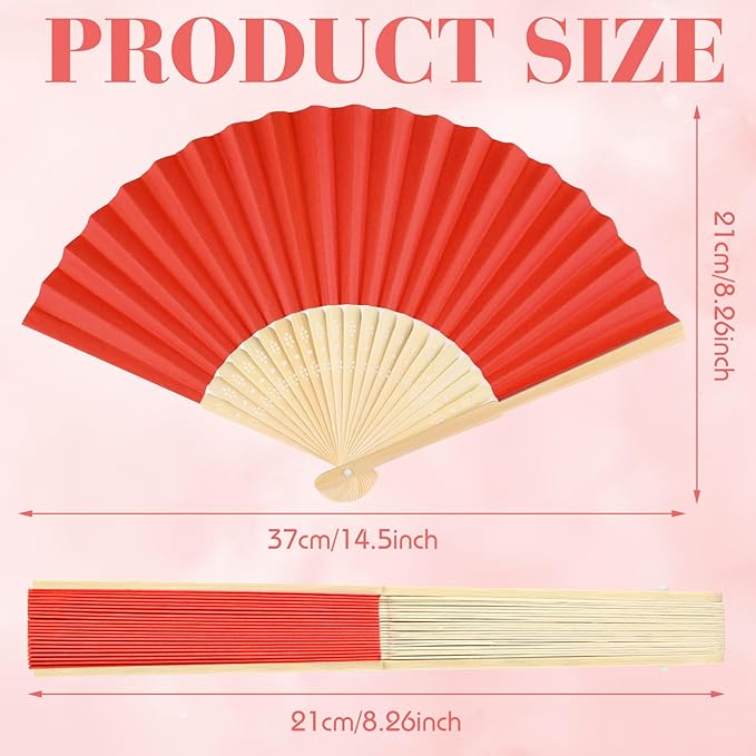 6 Pieces Red Hand Held Bamboo Folding Fans Foldable Paper Fans Handheld - Image 2