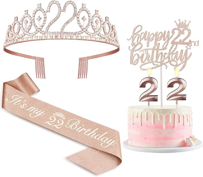 22 Birthday Decorations for Women Including Sash and Tiara, Cake Topper and by JueslyBirthdayParty