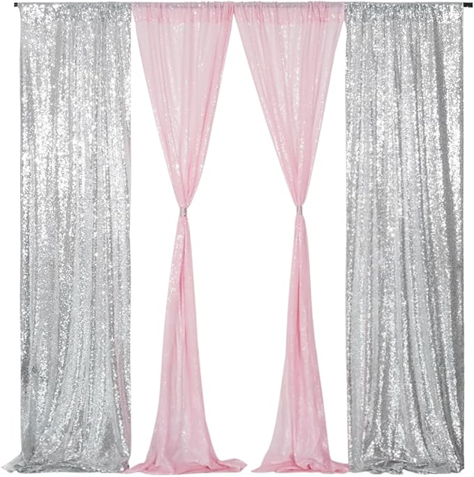 Juya Delight 4 Panels Silver&Pink Sequin Backdrop Curtain 2FTx8FT Glitter - Image 2