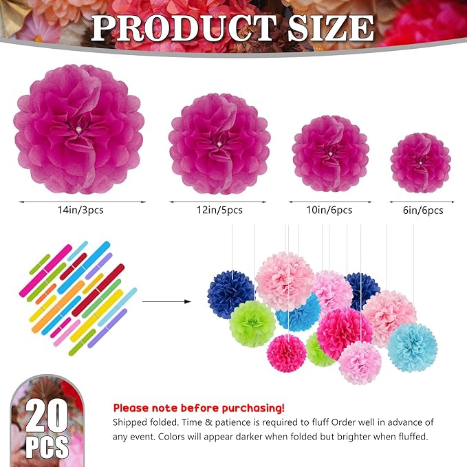Tissue Paper Pom Poms, Fuchsia Tissue Paper Flowers, Hanging Flower Balls - Image 2