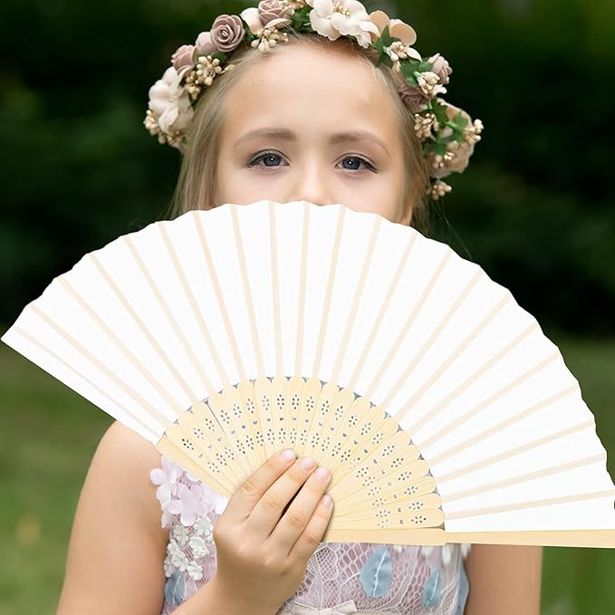 URATOT 48 Pieces White Folding Fans Silk Bamboo Folding Fans Handheld Fan - Image 7