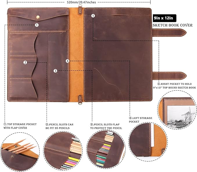 Robrasim Handmade Leather Sketchbook Cover, Artist Sketch Pad Holder - Image 2