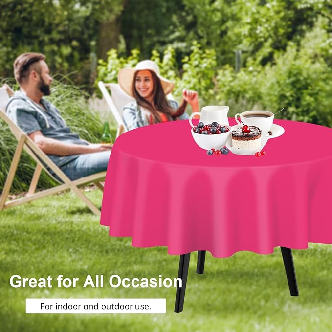 QIKSION Hot Pink Round Tablecloth 6 Pack, 84 Inch Plastic Table Cover Disposable - Image 4