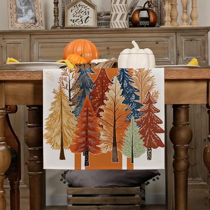 GEEORY Fall Watercolor Trees & Maple Leaves Striped Table Runner 13x108 Inch - Image 3