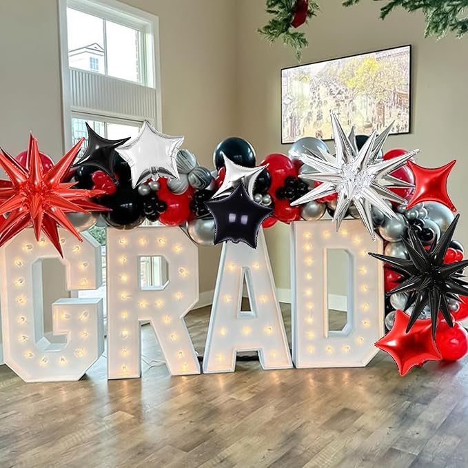 Star Balloons, 22in Red Black and Silver Star Balloons Foil 10in 4-Pointed & - Image 6