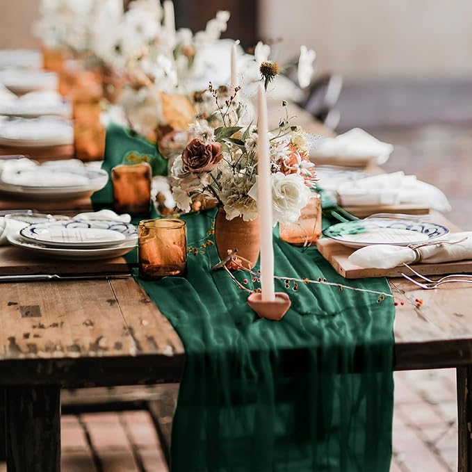 Hahuho Emerald Green Cheesecloth Table Runner 10ft, Gauze Boho Rustic Table - Image 5