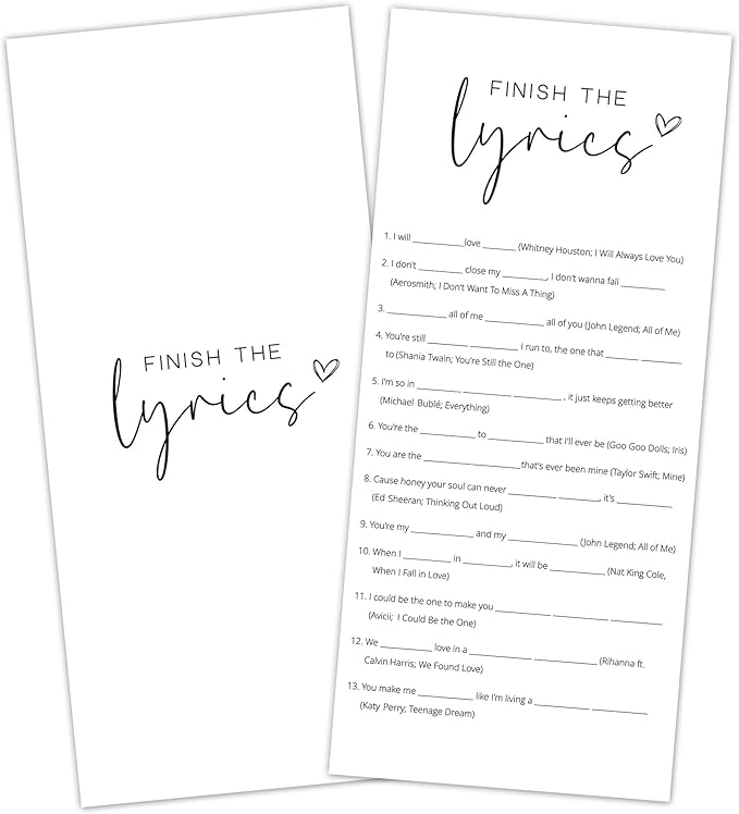Bridal Shower Games, Finish the Lyrics, Wedding Shower Games by Tsunerrorami