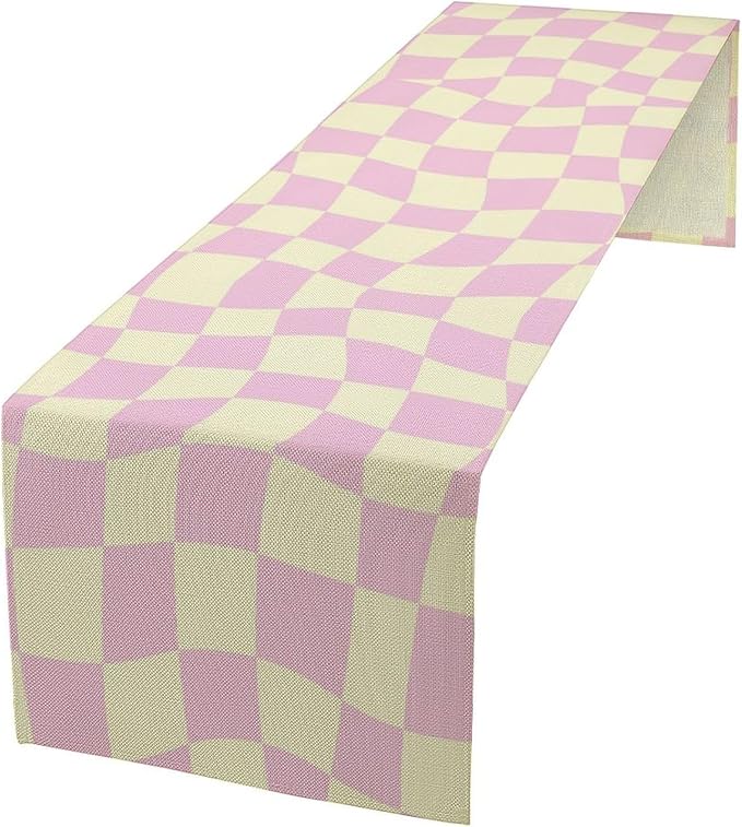 Hippie Table Runner Retro Geometric Square Purple Grid 60s70s Style Kitchen by ICMOLYYENLO