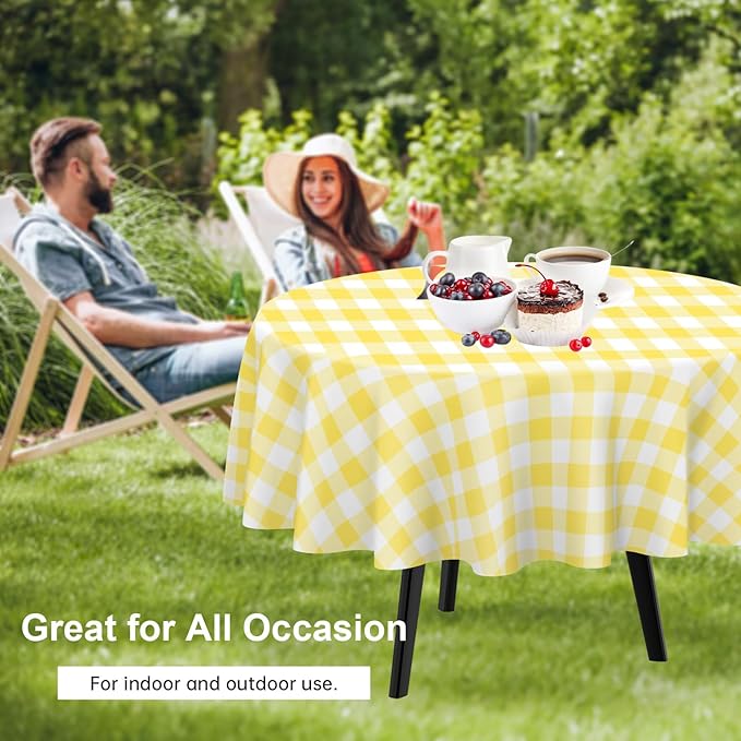 QIKSION Yellow Gingham Round Tablecloth 2 Pack, 84 Inch Plastic Checkered Table - Image 4