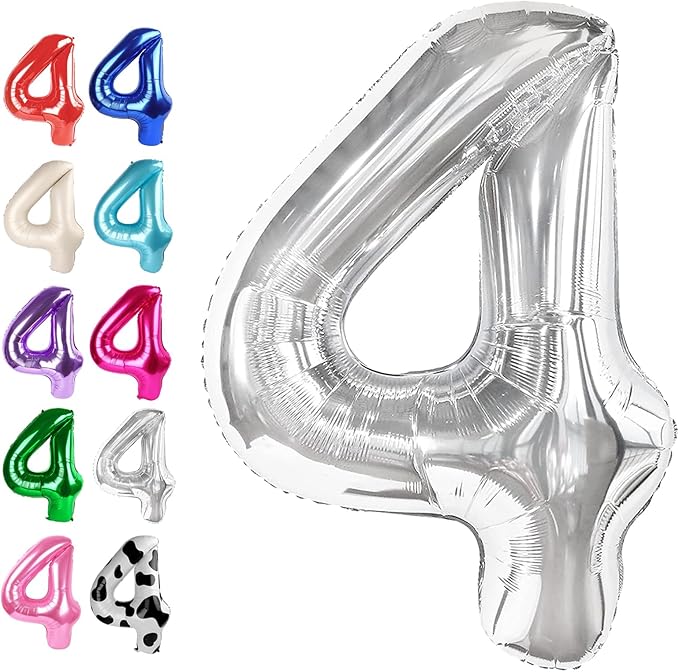 40 Inch Silver Large Number 4 Birthday Balloon, Giant Number Four 14 24 34 40 by Upgesy