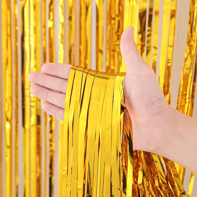 3 Pack 3.3x8.2 Feet Gold Foil Fringe Backdrop Curtains, Tinsel Streamers - Image 2