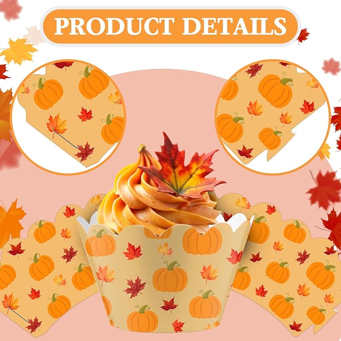 Domensi 100 Pcs Fall Pumpkin Maple Leaf Cupcake Wrappers Rustic Cupcake Liners - Image 5