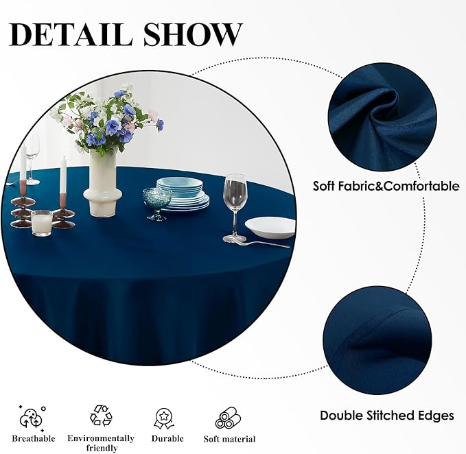 Round Tablecloth 120 Inch Tablecloth 2 Pack Navy Blue Table Cloths Washable - Image 5