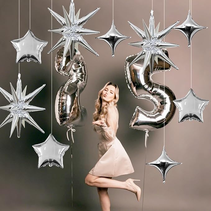 Silver Star Balloons, 22in Large Star Balloons Foil 10in 4-Pointed & Silver - Image 4