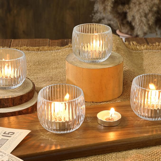 Set of 6 Ribbed Glass Votive Candle Holders, and Home Decor - Image 2