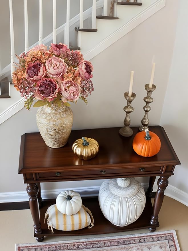Hollyone 2Pcs Artificial Fall Flowers Bouquet 18.8" Pink Dried Peony Hydrangea - Image 6