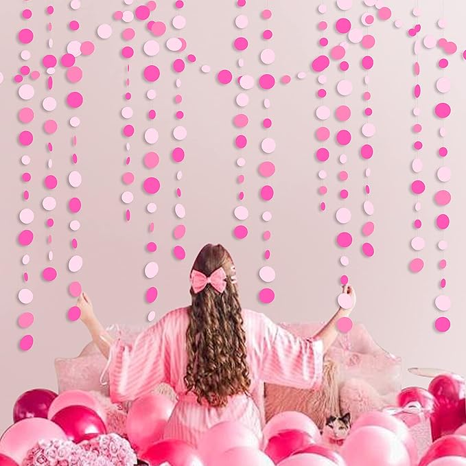 Hot Pink Party Decorations Circle Dots Garland Rose Pink White Hanging Paper - Image 5