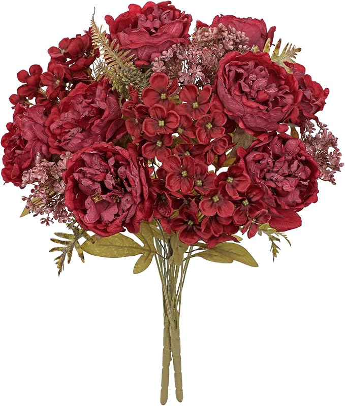 Hollyone 2 Bundles Artificial Fall Flowers Bouquet 18.8" Red Peony Hydrangea by Hollyone