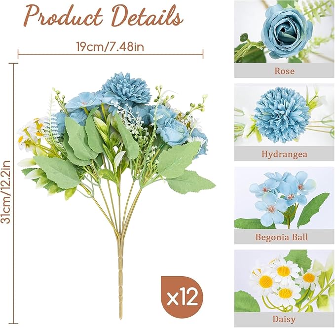 12 Bundles Artificial Flowers Blue Fake Rose Flower Mixed Chrysanthemum - Image 3