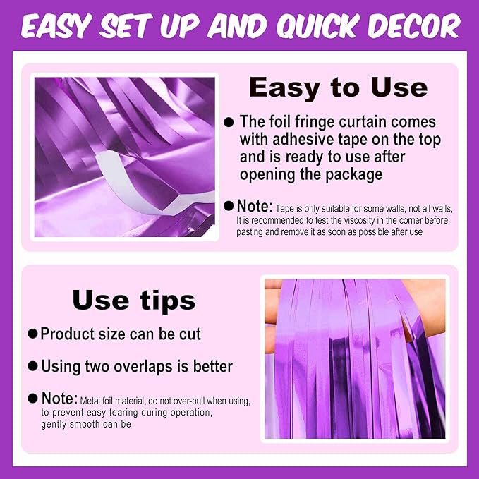 6 Pack Light Purple Foil Fringe Curtains Backdrop, 3.28 x 8.2 Ft Metallic - Image 3