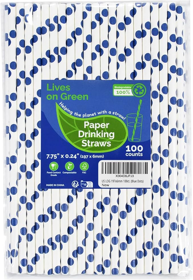 100 Counts Blue Polka Dots Paper Disposable Drinking Straws 7.75 inch, 0.24" by LivesonGreen