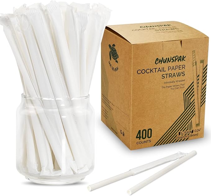 Compostable Short Paper Straws Individually Wrapped, 5.75" x 0.24", Dye-free by chunspak