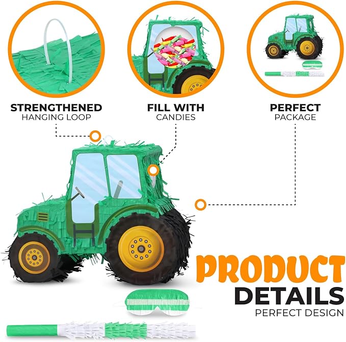 Tractor Pinata Bundle with a Blindfold and Bat, Kids Excavator Pinata - Image 3