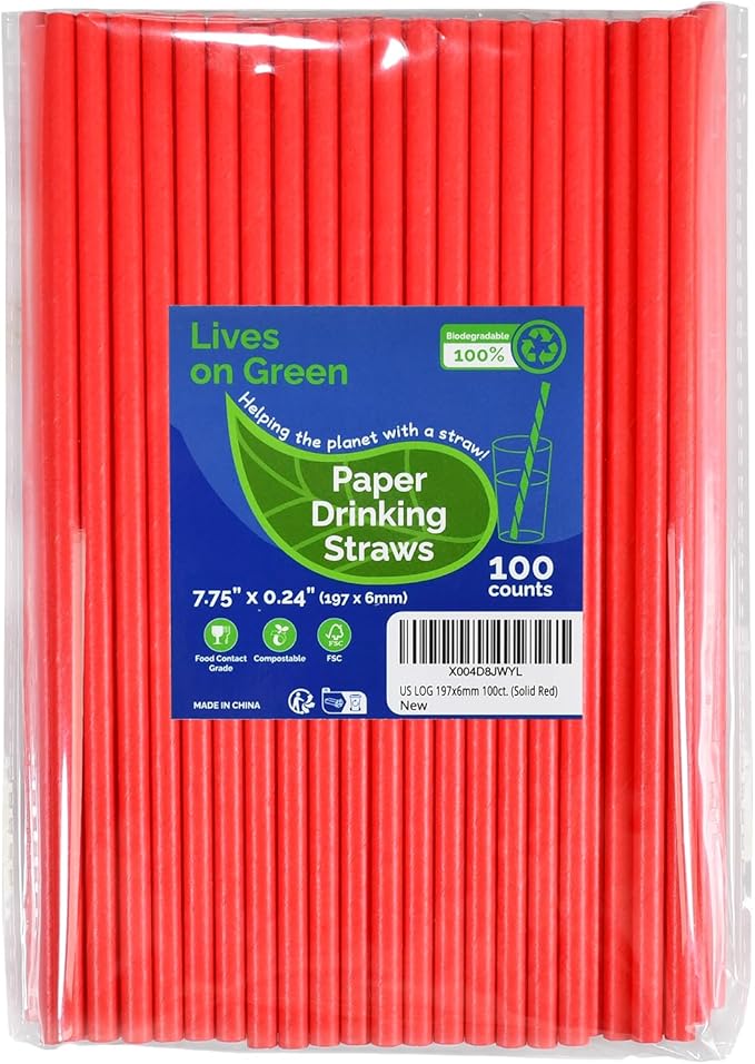 Disposable 7.75 inch Solid Red Paper Straws 100 Counts by LivesonGreen