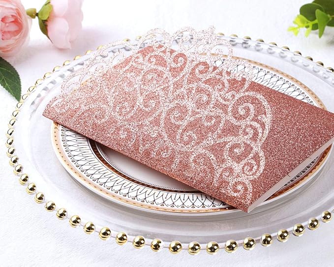 PONATIA 5.12 X 7.2 Rose Gold Glitter Wedding Invitations - Image 3